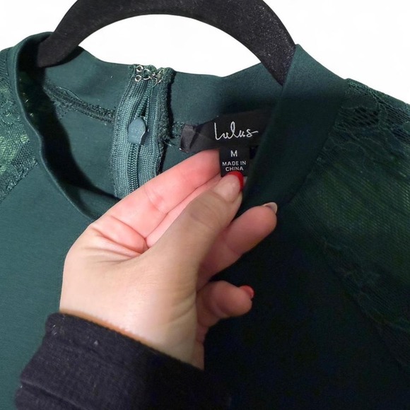 Lulus size M green mesh lace long sleeve dress with bell sleeves, zipper back - Picture 3 of 3